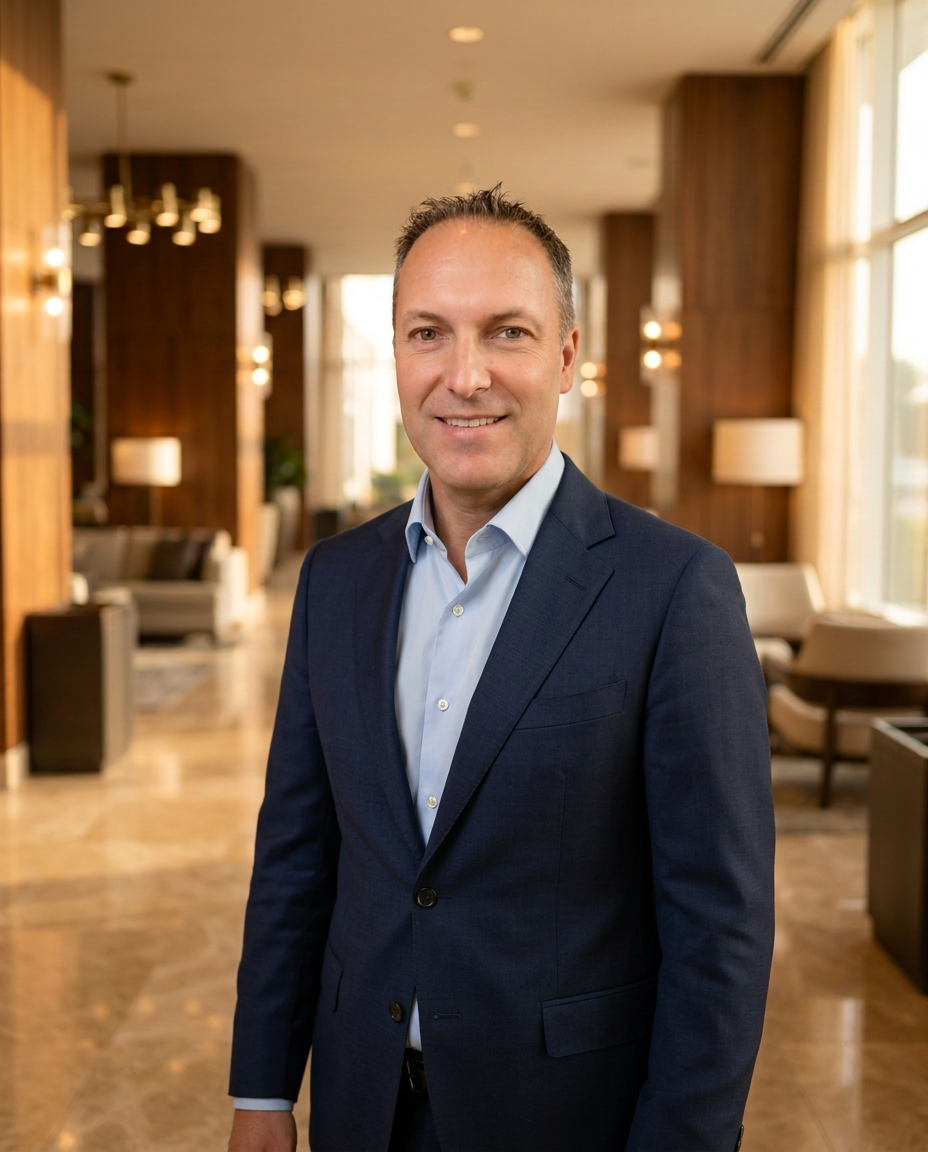 Alex Fenzl in una lobby d'albergo