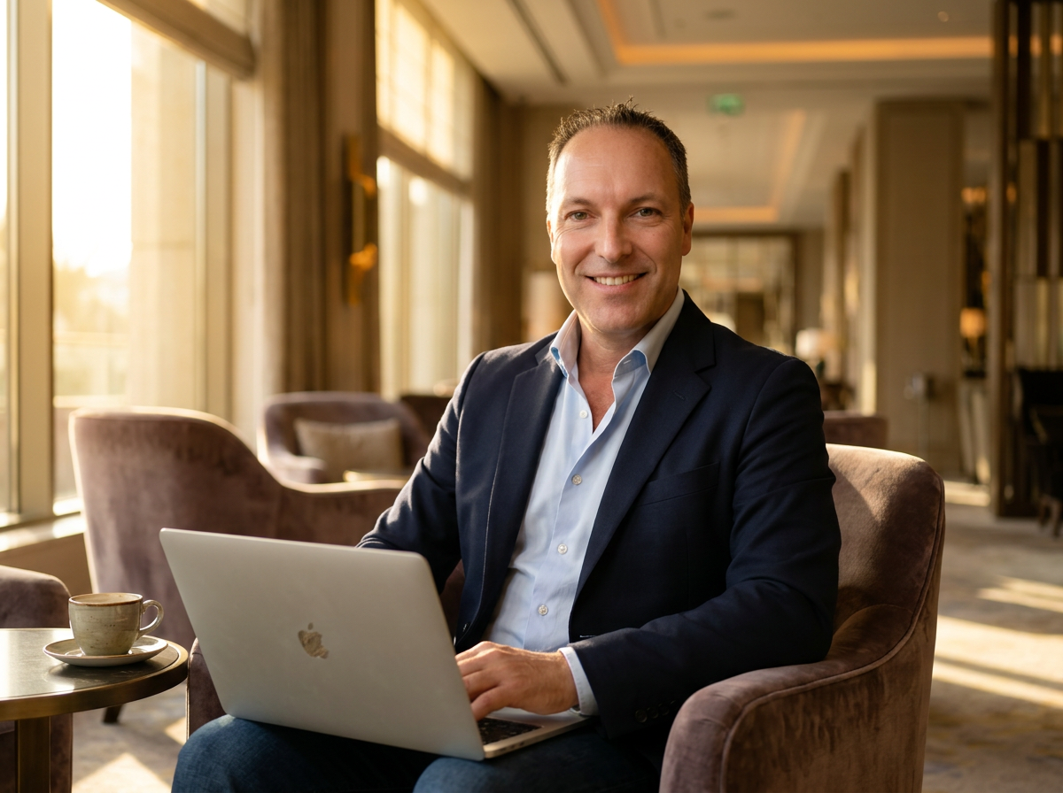 Alex in una lobby d'albergo, pronto a parlare con te